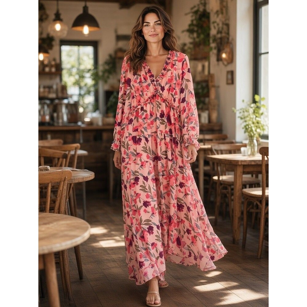 Blush Pink Floral Print Ruffle Trim Tiered Maxi Dress Long Sleeve Size XL